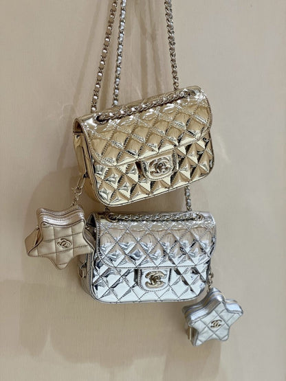 24C Chanel Mirrored Metallic Backpack With Star Coin Purse