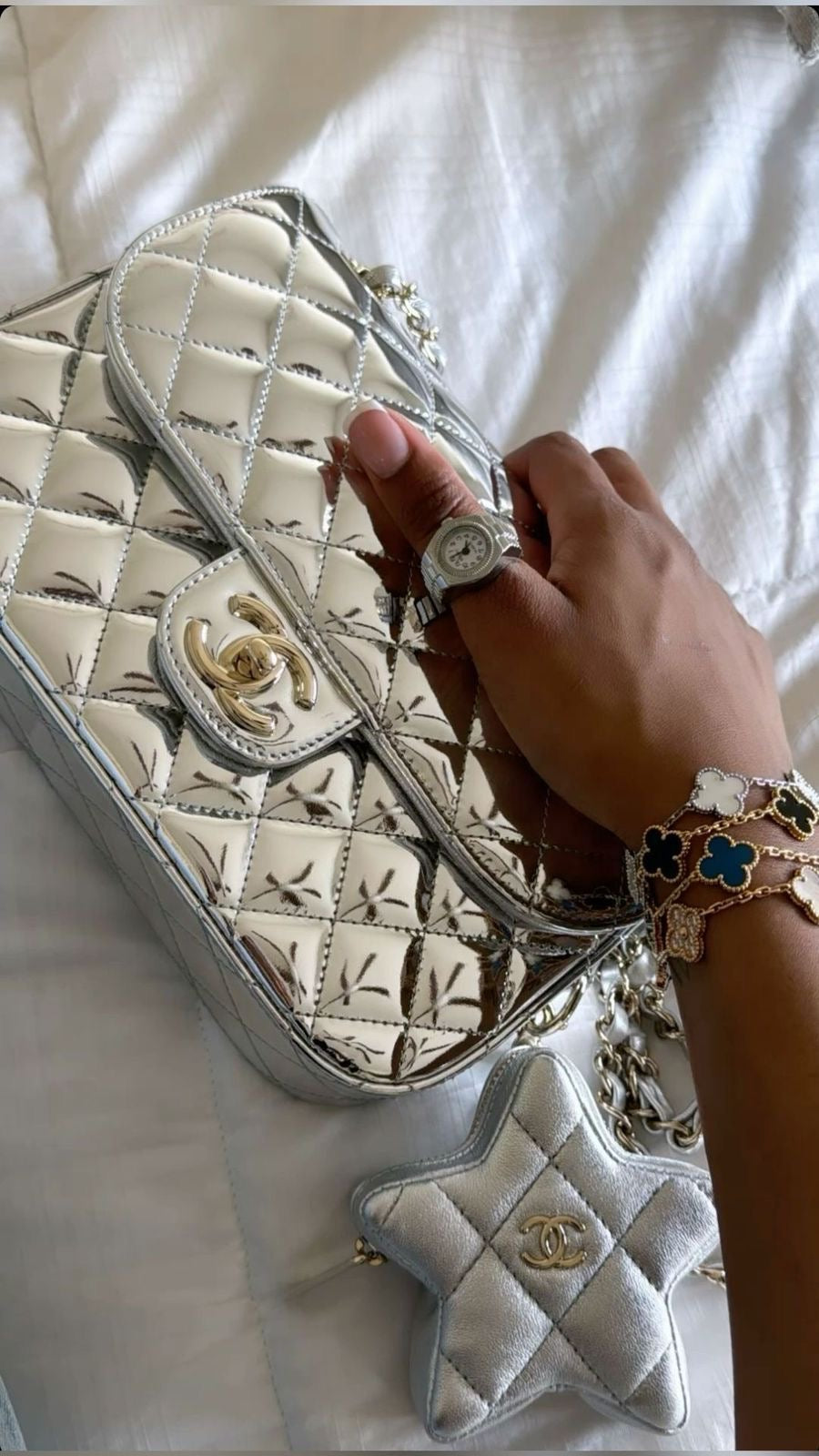 24C Chanel Mirrored Metallic Backpack With Star Coin Purse