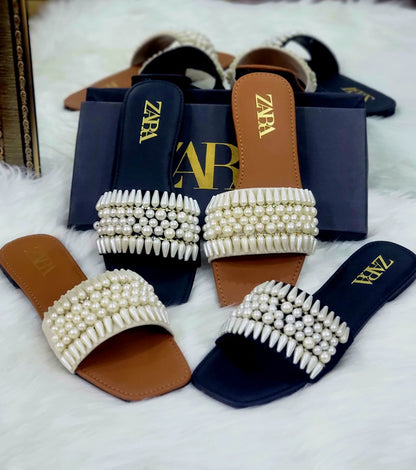 Zara Pearls Embellished Slippers