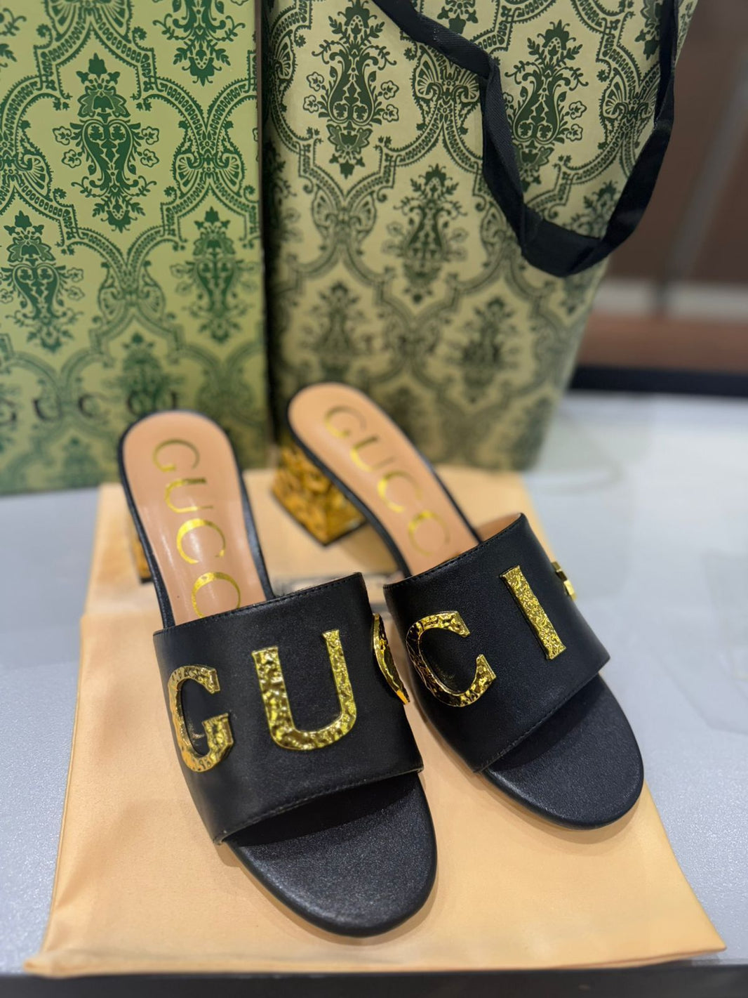 Gg Heeled Sandals with Gold-Tone Logo Detailing