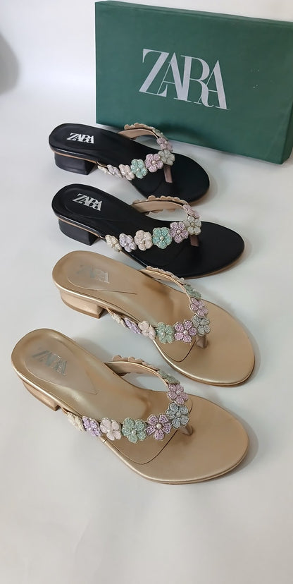 Zara Floral Strap Kitten Heel Mules
