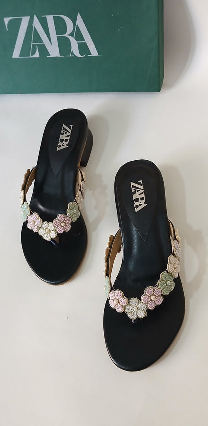 Zara Floral Strap Kitten Heel Mules