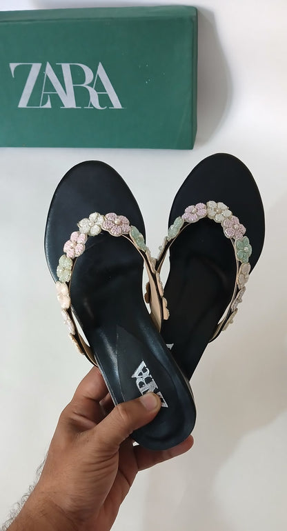 Zara Floral Strap Kitten Heel Mules