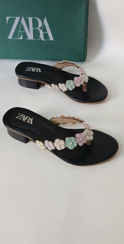 Zara Floral Strap Kitten Heel Mules