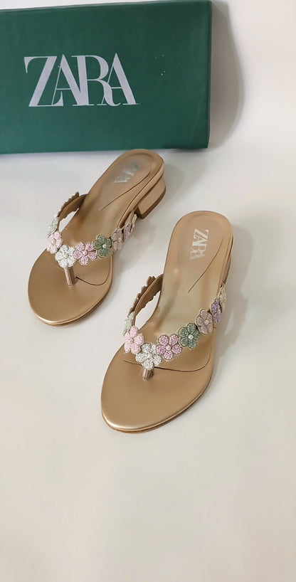 Zara Floral Strap Kitten Heel Mules
