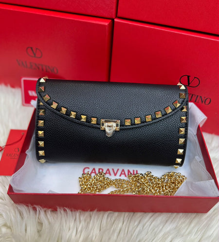 Valentino Rockstud Replica Wallet Black Grained Leather