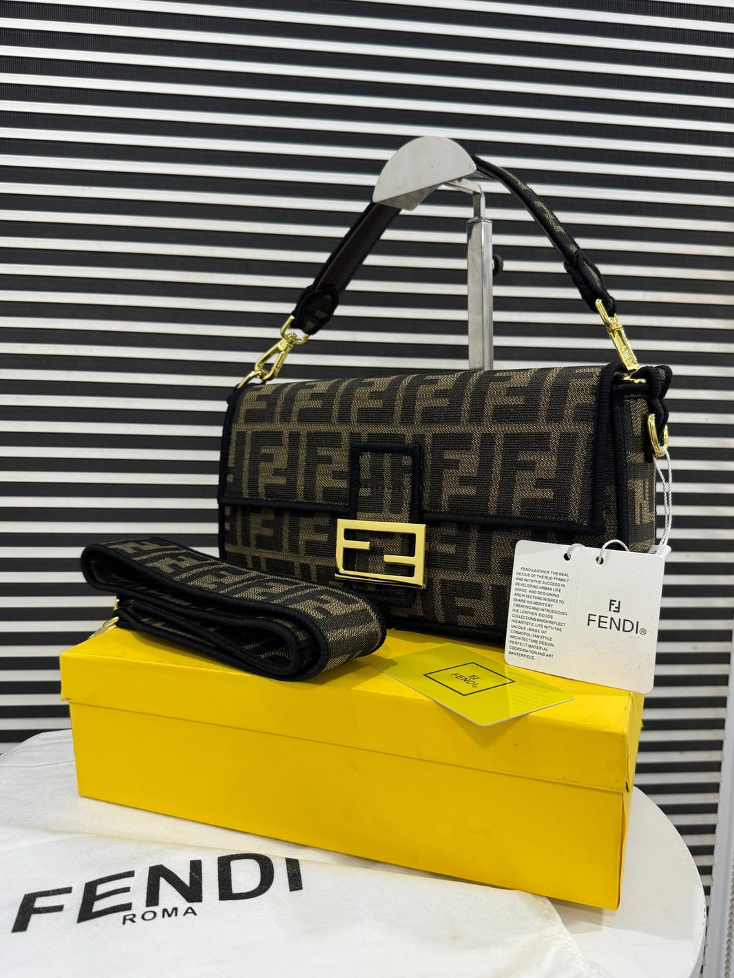Fendi Baguette Brown FF Jacquard Fabric Bag