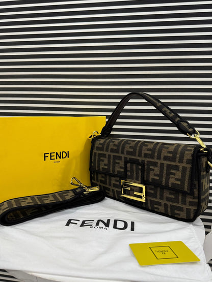 Fendi Baguette Brown FF Jacquard Fabric Bag
